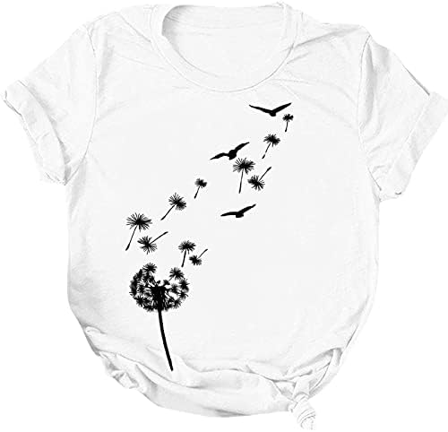 Тениска Дамски 2023 с Къс Ръкав Crewneck Птица, Цвете Глухарче Графичен Честит Подарък Хол Топ Риза за Дами от