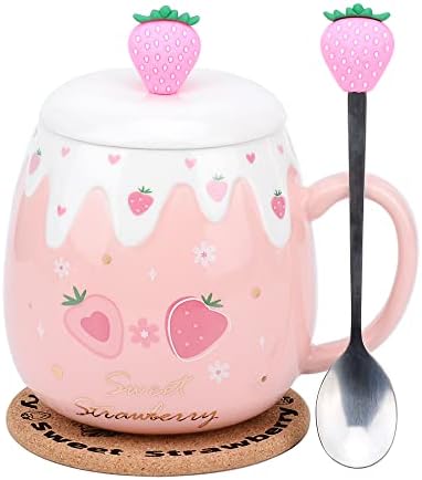 Розовата Чаша, Кавайная чаша с ягоди, Сладко керамични кафеена чаша с капак и прекрасна лъжица, Сладка поставка,