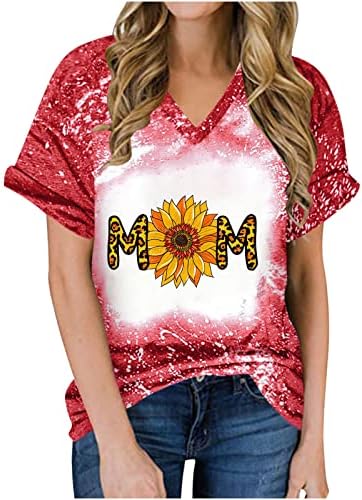 Тениска с Изображение на Мама за Жени, Тениска с V-образно деколте и Къси Ръкави с Цветен Печат, Летни Тениски с