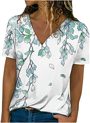 Дамски Летни Ежедневни Тениски С V-образно деколте, Красиви Блузи с къс ръкав, Модерна Туника С Принтом Листа, Тениски