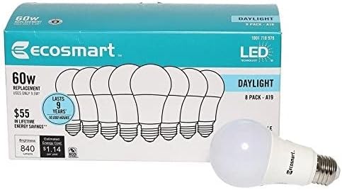 Ecosmart 8-Pack A19 - Led лампа с дневна светлина с капацитет 60 Вата в еквивалент (5000 K)