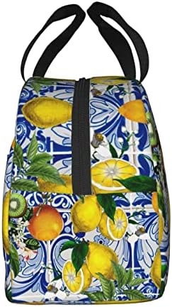 Средиземноморски Лимон На Сини Керамични Плочки, Множество Изолирани Чанта за Обяд, За Жени, Мъже, Водоустойчива