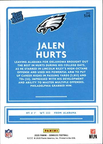 2020 Donruss Football #314 Джален Хертс новак Филаделфия Игълс, Официалната търговска картичка NFL от Панини America