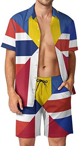 Националните флагове на Скандинавия, Мъжки Хавайски Комплект от 2 теми, Ризи с къс Ръкав Копчета, Плажни Панталони