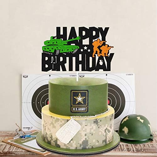 Резервоар торта Topper честит Рожден Ден знак за украса на торта за деца, момче момиче войник камуфлаж армия военен камуфлаж рожден ден доставя двустранни черни искри