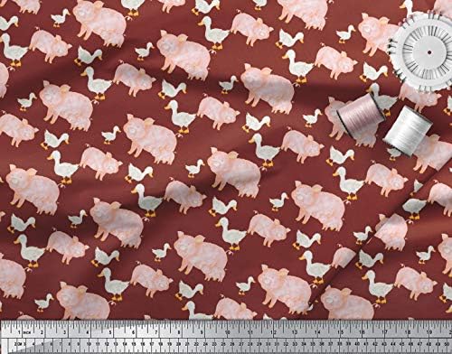 Soimoi Червен памучен трикотажная плат с принтом патици и прасета, плат за бродерия ширина 58 см