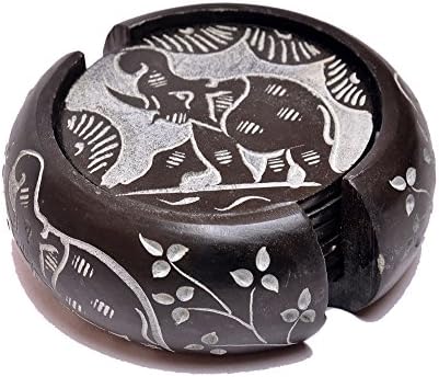 Кръгла поставка от талк ръчно изработени художник Хаата с дърворезба във формата на Слон (черен, 3 X3 инча, комплект