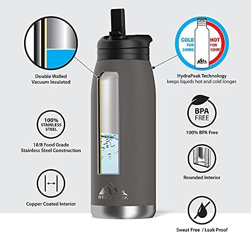 Случайна бутилка за вода Hydrapeak Flow 32 грама със сламен капак | Бутилка за вода от неръждаема стомана с вакуумна