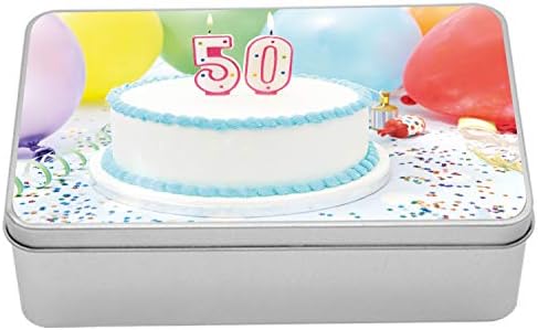 Лидице Скоростна Ambesonne на 50-ия рожден ден, на Бял Вкусна Торта на масата с Разноцветни балони за партита, Преносим Правоъгълна Метална Кутия-Органайзер за съхранени
