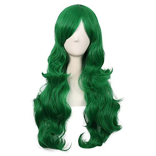 MapofBeauty 28 см /70 см, очарователен женски бретон настрани, дълга къдрава гъста коса, синтетични перука (травянисто-зелен)
