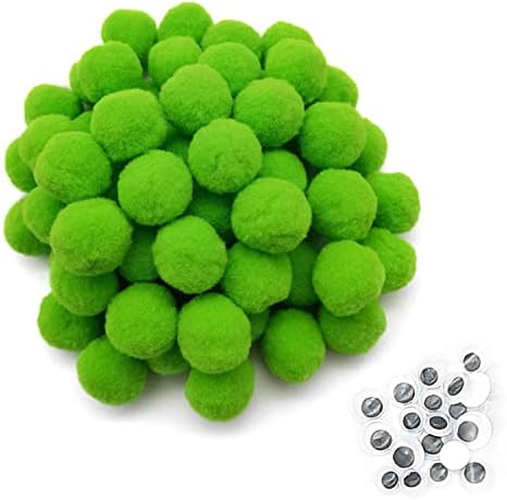 Cldamecy 150 бр. 1-Инчов Зелени топки с pom-помераните и 20 бр. Очи-Googly, Малки Еластични Помпоны за детски занаяти