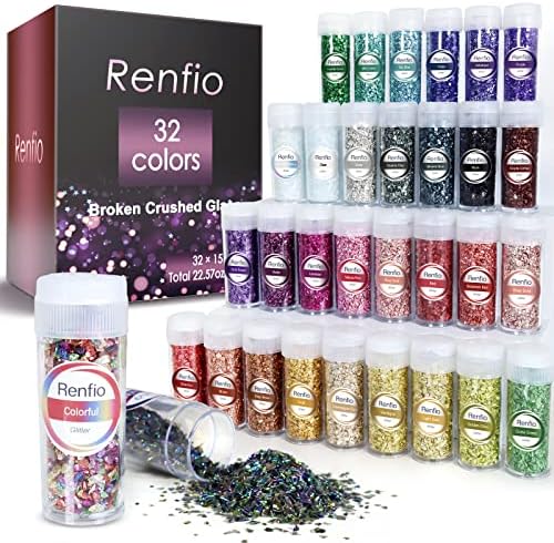 Renfio 32 Цветове Набор от Пайети от Счупено стъкло, 22,57 грама 640 г, Блестящи Парчета от 2-4 мм с Неправилна
