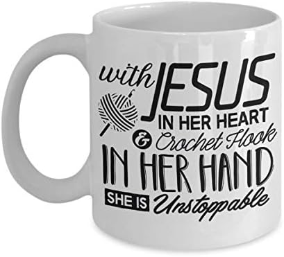 Кафеена Чаша за плетене на една Кука 11 грама - С Исус В Сърцето си и Плетене на една Кука В Ръка Подарък Керамични