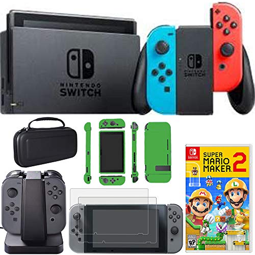 Конзолата на Nintendo Switch обем 32 GB с неоново-синьо и червено комплект Joy-Con (HACSKABAA) с Супер Марио Maker