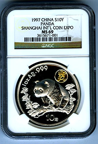 1997 Сребърна Китайска Панда 10 YN ШАНХАЙ COIN EXPO РЯДКО китайското Сребро MS69 NGC