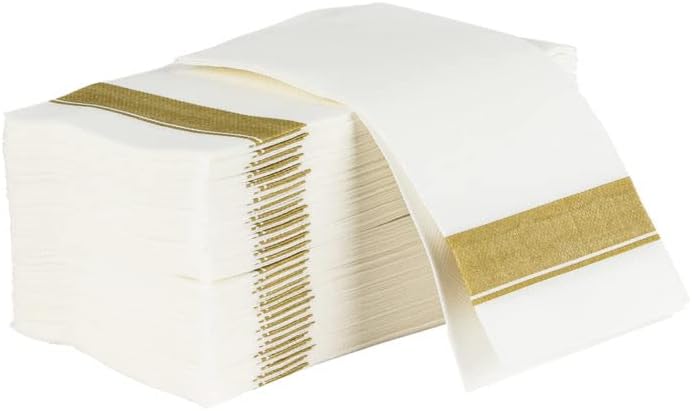 Елегантни Бели със злато Салфетки за хранене, подобно на плат (50 броя) | Меки и Абсорбиращи влагата | Хартиени
