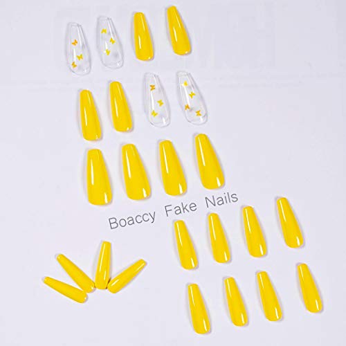 Boaccy Лъскавите Дълги Режийни Ноктите под формата на Ковчега с Пеперуда, Жълто Пълно Покритие, Прозрачна Отгоре