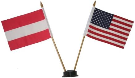 САЩ и АВСТРИЯ едно Малко мини-Банер с двойно флага на Страната с размер 4 X 6 Инча с ЧЕРНА СТОЙКА за 10-Инчов Пластмасов