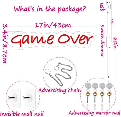 Неонова реклама Game Over за стенен декор Игрална стая, Led Неонова Лампа с USB, Регулиране на осветление, Подарък