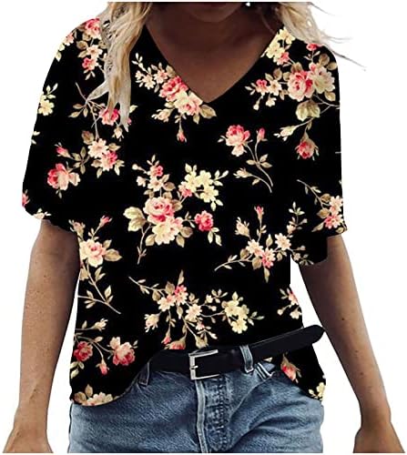 Дамски Памучен Тениска с Дълбоко V Образно Деколте и Цветен Модел на Свободния Намаляване на Оверсайз Спокойна, Намаляване за Късна Закуска за Момичета Лято Есен